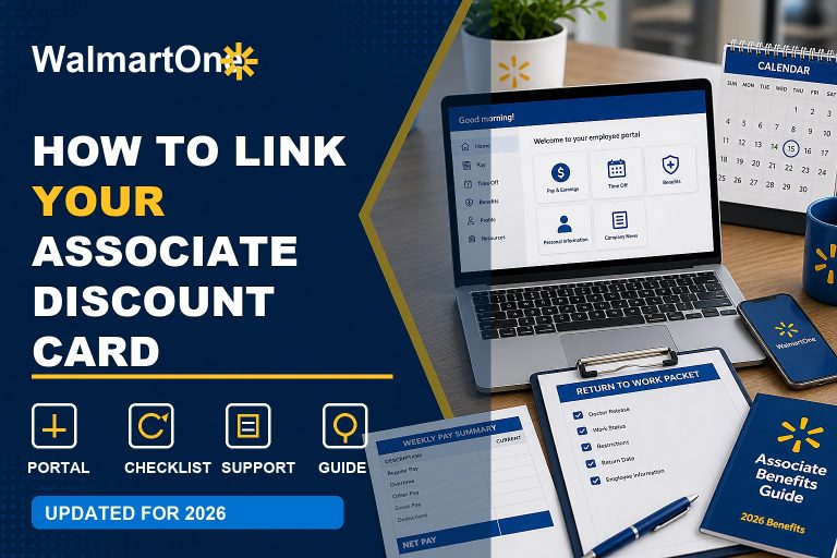 Associate Discount Card Walmart.com guide with online account, discount card, profile settings, and savings checklist