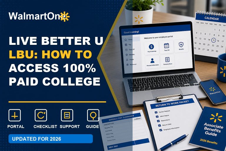 Live Better U guide with college portal, tuition benefit, laptop, course checklist, and Walmart associate benefits
