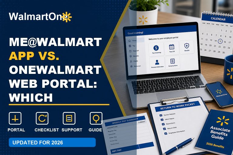 Me@Walmart App vs OneWalmart guide with phone app, laptop portal, schedule, paystub, and benefits checklist