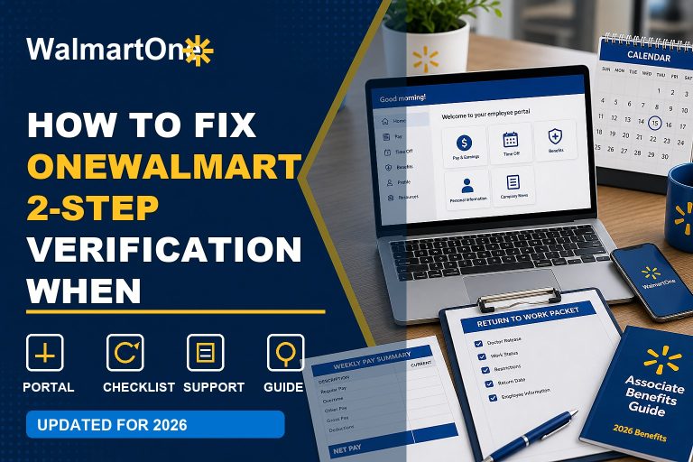 OneWalmart 2-Step Verification guide with new phone, login screen, security code, and reset checklist