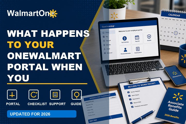 OneWalmart Portal After Quitting guide with former associate access, paystub, W-2, benefits, and support checklist