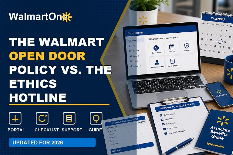 Walmart Open Door Policy vs Ethics Hotline guide with manager conversation, ethics report, notes, and escalation checklist