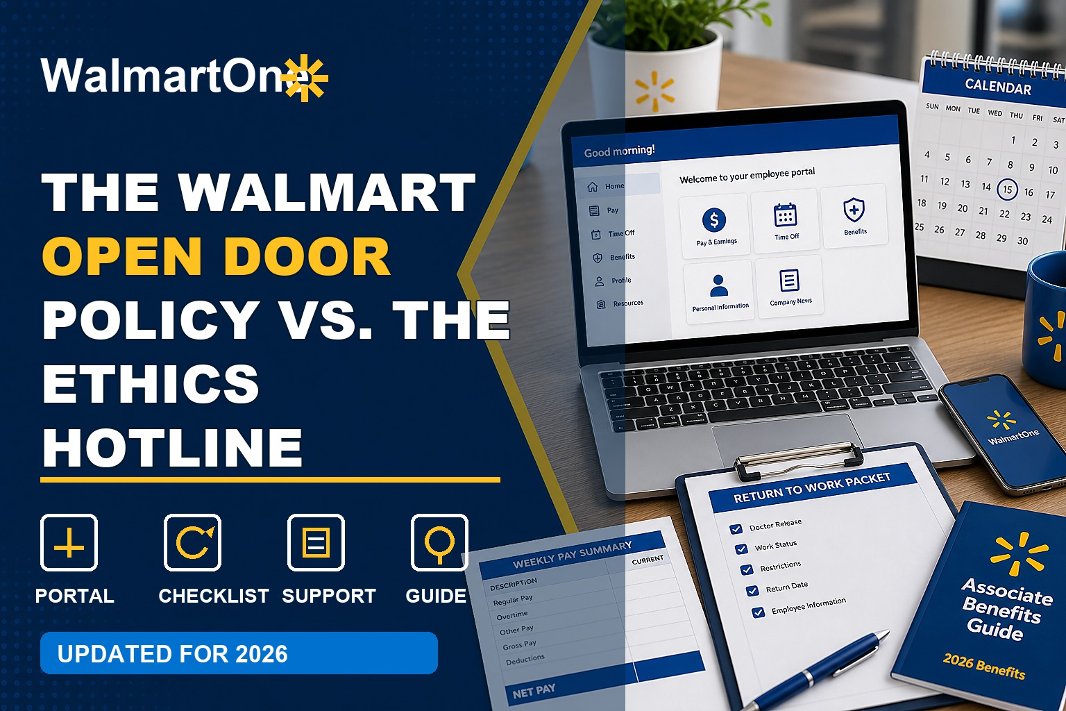 Walmart Open Door Policy vs Ethics Hotline guide with manager conversation, ethics report, notes, and escalation checklist
