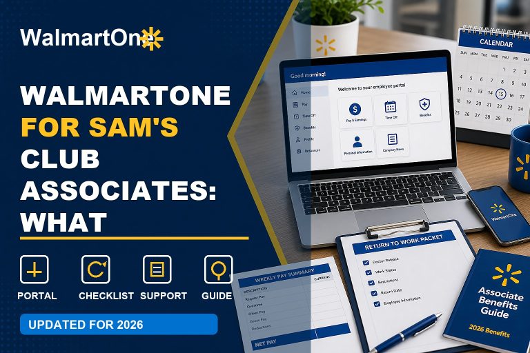 WalmartOne Sam's Club Associates guide with club associate portal, schedule, paystub, benefits, and support checklist