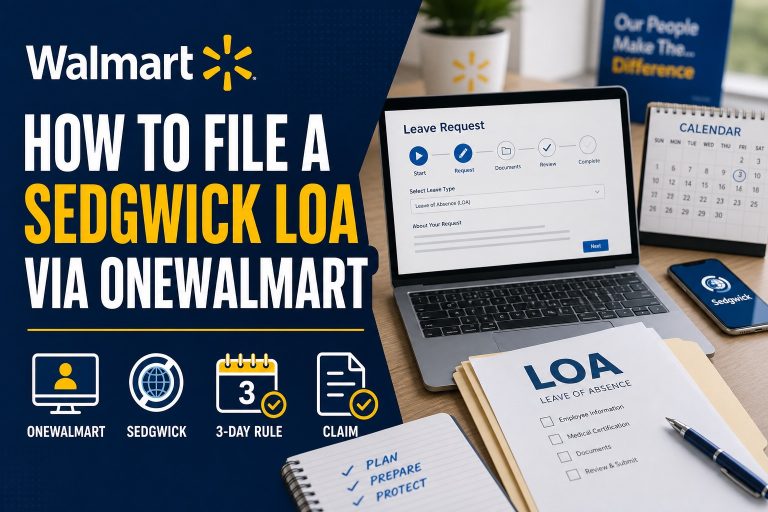 Sedgwick Leave of Absence guide via OneWalmart with LOA paperwork, calendar, and claim checklist