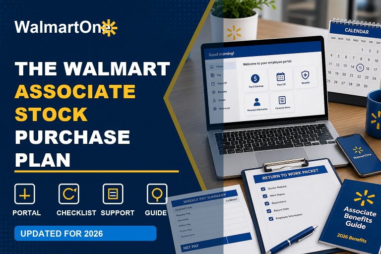 Walmart Associate Stock Purchase Plan guide with stock chart, payroll deduction, benefits booklet, and investment checklist