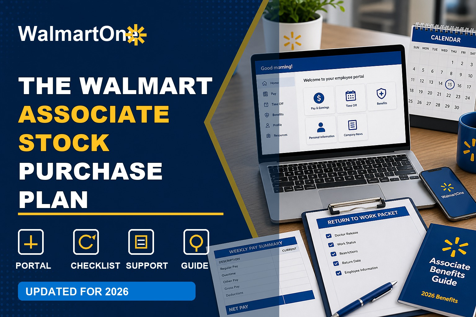 Walmart Associate Stock Purchase Plan guide with stock chart, payroll deduction, benefits booklet, and investment checklist