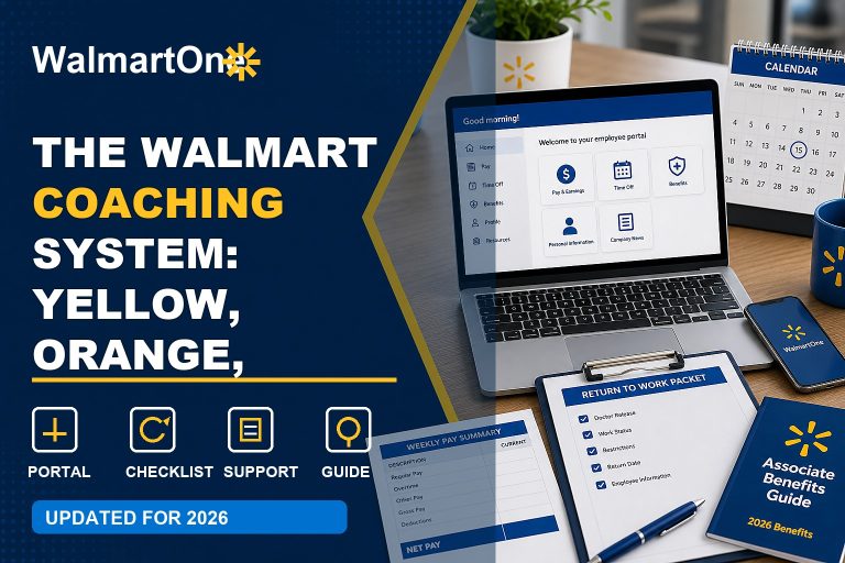 Walmart Coaching System guide with yellow orange red tiers, coaching document, manager meeting, and action plan checklist