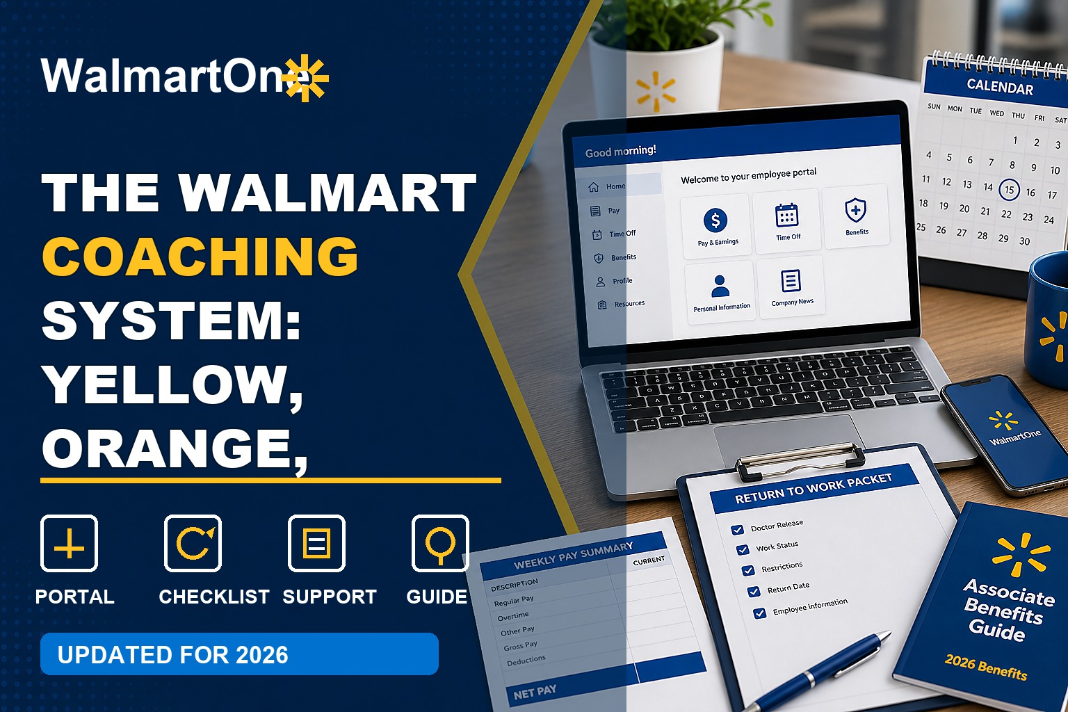 Walmart Coaching System guide with yellow orange red tiers, coaching document, manager meeting, and action plan checklist