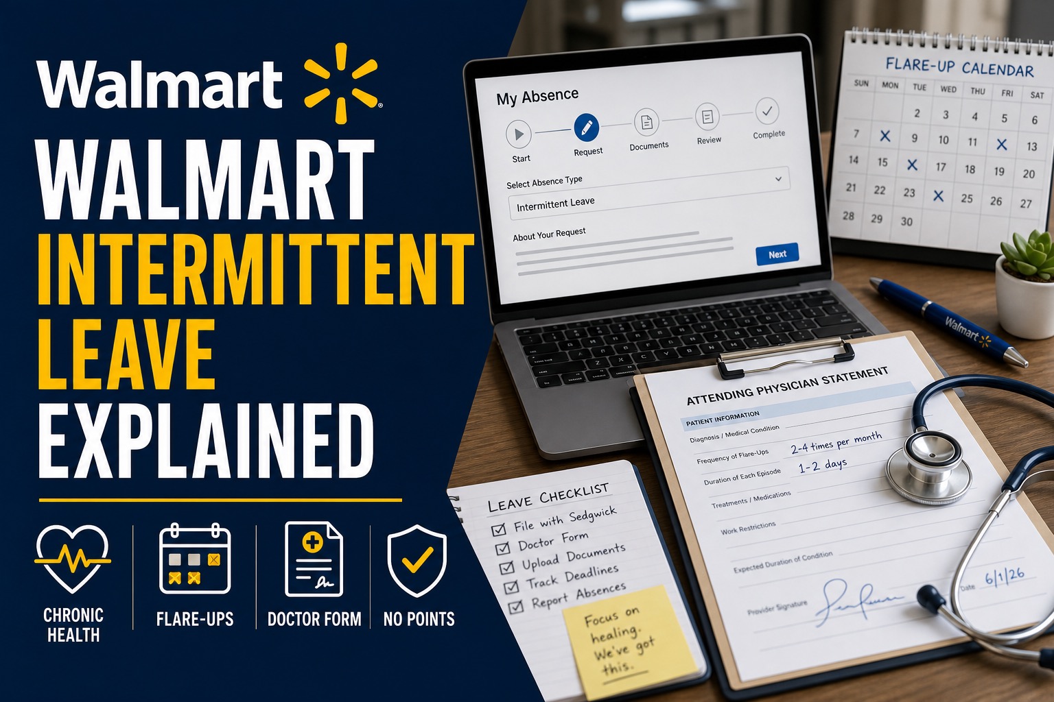 Walmart Intermittent Leave Explained (For Chronic Health Issues) 2 Walmart Intermittent Leave guide with doctor paperwork, flare-up calendar, and Sedgwick checklist