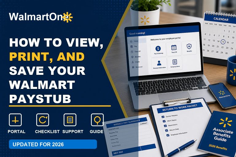 Walmart paystub early guide with payroll portal, PDF download, printer, and earnings checklist