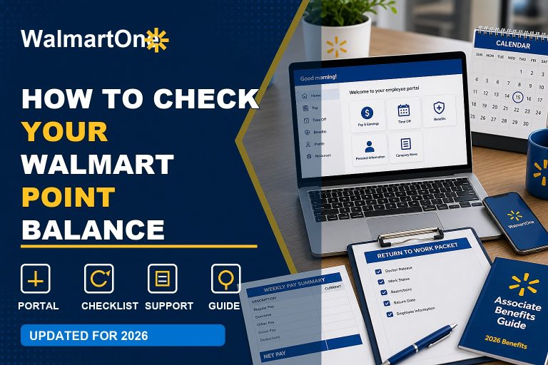Walmart Point Balance guide with attendance dashboard, calendar, PPTO record, and point correction checklist