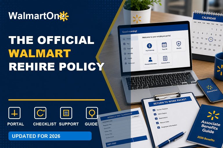 Walmart Rehire Policy guide with application, six-month calendar, former associate records, and eligibility checklist
