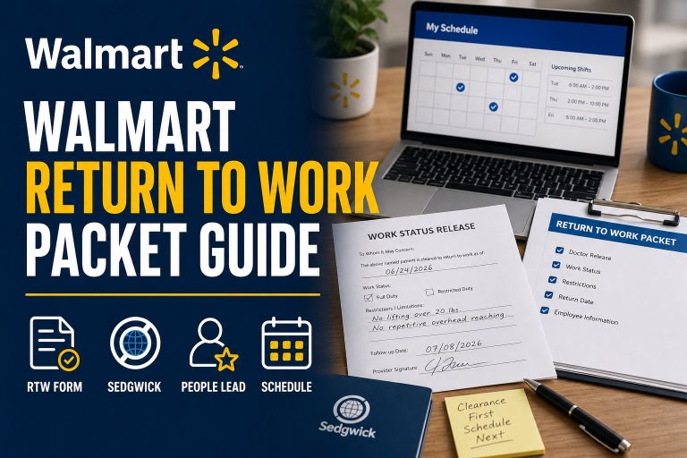 Walmart Return to Work Packet guide with Sedgwick release form, People Lead checklist, and Me@Walmart schedule screen
