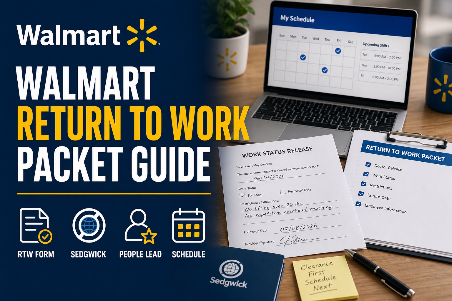 The Walmart Return to Work (RTW) Packet Guide 2 Walmart Return to Work Packet guide with Sedgwick release form, People Lead checklist, and Me@Walmart schedule screen