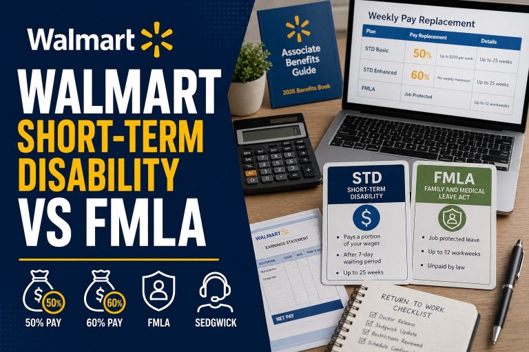 Walmart Short-Term Disability vs FMLA guide with pay chart, benefits forms, and Sedgwick claim checklist