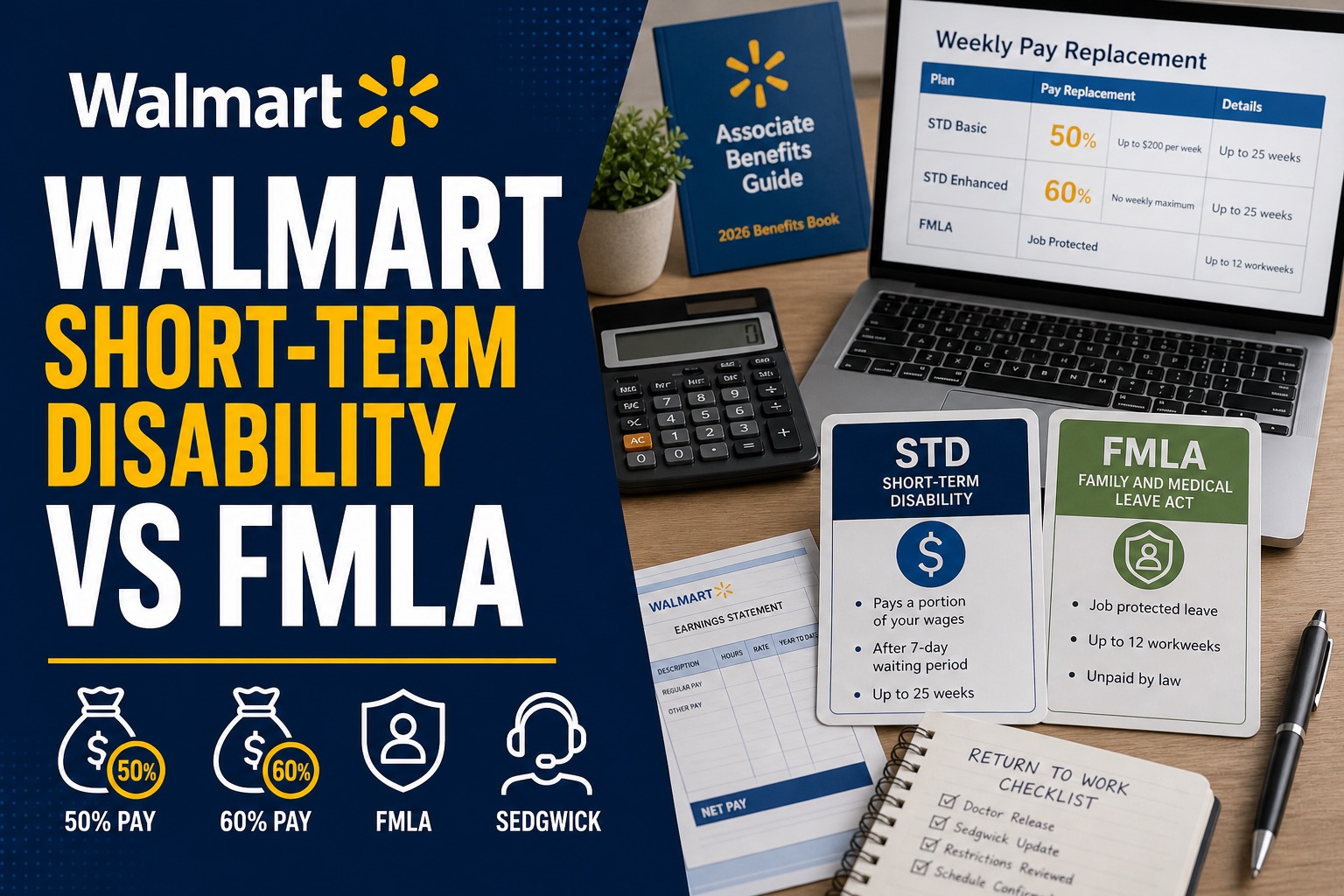 Walmart Short-Term Disability vs. FMLA: Which Pays You? 2 Walmart Short-Term Disability vs FMLA guide with pay chart, benefits forms, and Sedgwick claim checklist