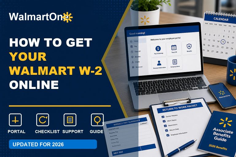 Walmart W-2 Online guide with tax form portal, current associate login, former associate request, and download checklist