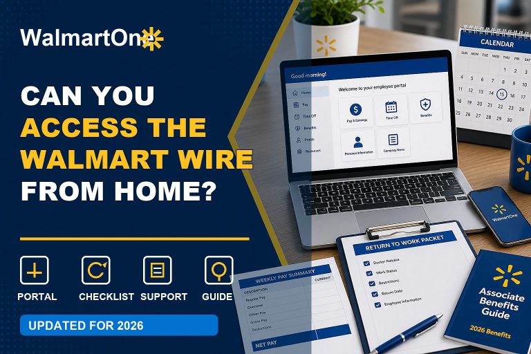 Walmart Wire From Home guide with laptop, time clock, Wire portal, and time-theft warning checklist
